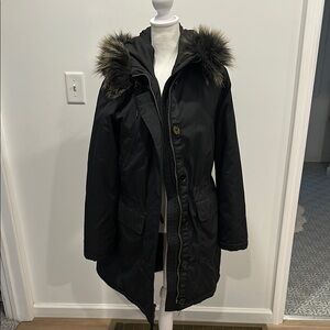 Black Puffer Coat with Fur-Trimmed Hood